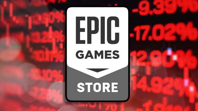 An image shows the Epic Games Store logo in front of negative, red numbers. 