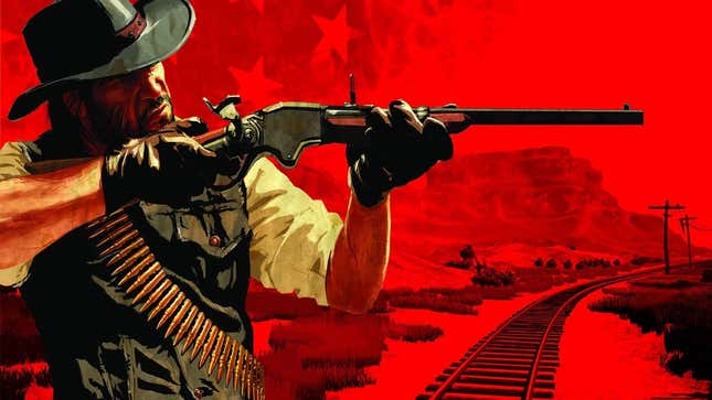 Red Dead Redemption art shows a red background and a gunfighter