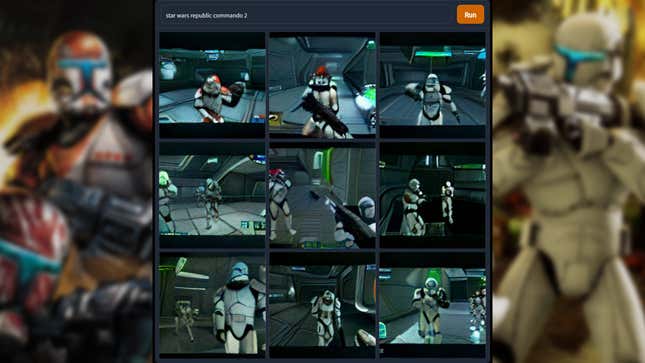 A series of images depicts surrealist AI-generated screenshots of a hypothetical sequel to Star Wars: Republic Commando.