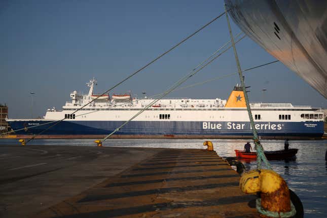 FILE - The ferry boat Blue Horizon is docked during seamen&#39;s unions strike at the port of Piraeus, near Athens on Sept. 3, 2018. A Greek island ferry captain and three of his crew faced homicide charges on Wednesday, Sept. 6, 2023, over the death of a late passenger who was pushed by crew members into the sea as he tried to force his way onto the departing Blue Horizon in the country&#39;s main port of Piraeus. (AP Photo/Thanassis Stavrakis, File)