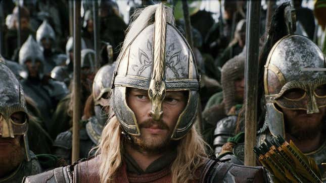 Karl Urban in Lord of the Rings: The Two Towers playing Rohan's Éomer in his helmet.