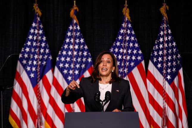 US Vice President Kamala Harris gestures as she delivers remarks during the Blue Palmetto Dinner at the Columbia Metropolitan Convention Center in downtown Columbia, South Carolina, on June 10, 2022.