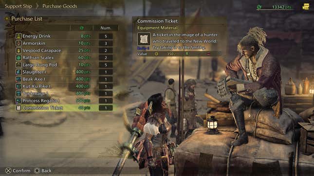 The Support Ship screen, highlighting a Commission Ticket in the Purchase List.
