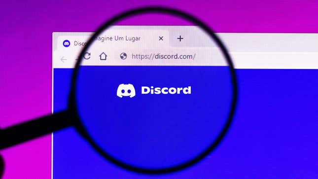 An image of a magnifying glass that's focused on the Discord logo and text.
