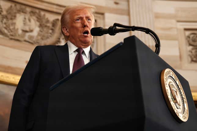 President Donald Trump delivers his inaugural address Monday in the Rotunda of the U.S. Capitol in Washington.