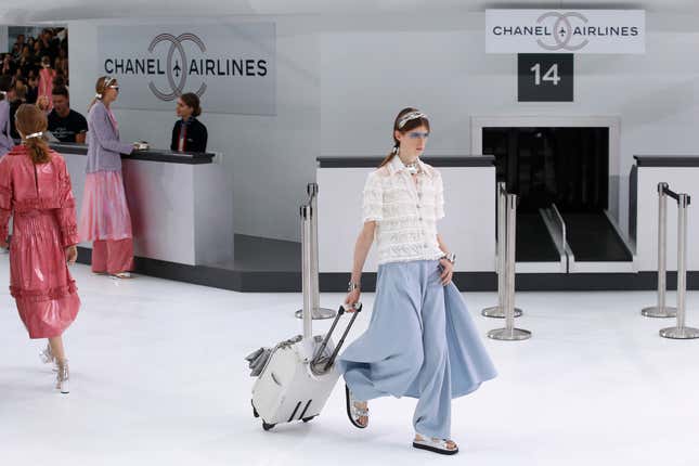 A model wears a creation for Chanel's Spring-Summer 2016 ready-to-wear fashion collection presented during the Paris Fashion Week, Tuesday, Oct. 6, 2015 in Paris, France. (AP Photo/Francois Mori)