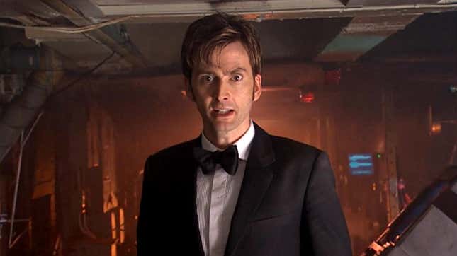 David Tennant's 10th Doctor looks disturbed while wearing a tuxedo.