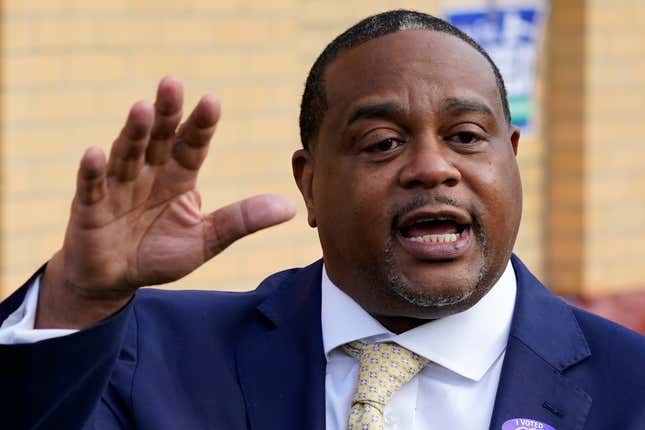 Ed Gainey, Democratic candidate for Pittsburgh mayor, talks with reporters after voting in Pittsburgh, Tuesday, Nov. 2, 2021. 