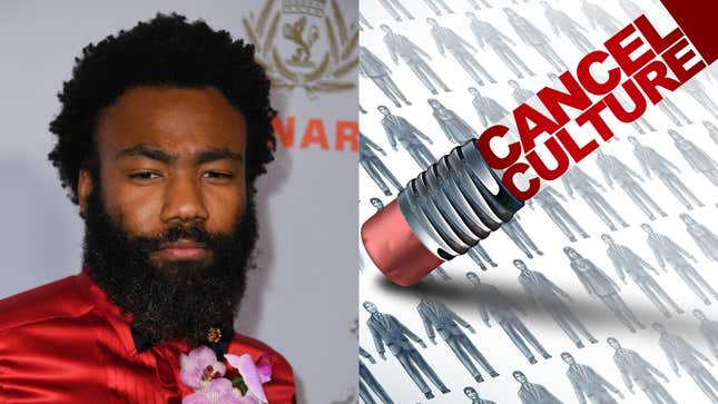 Donald Glover arrives for the 2019 British Academy Britannia (BAFTA) awards on October 25, 2019; Cancel culture symbol.