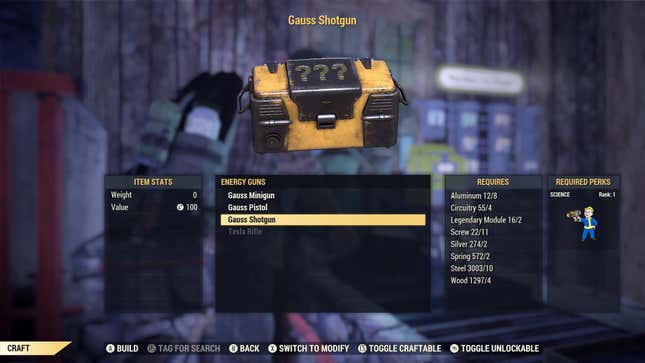 A screenshot shows item requirements for crafting a Gauss Shotgun.