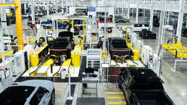 A photo of inside the Rivian factory building EVs. 