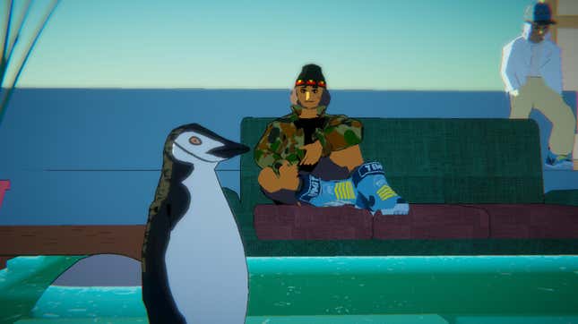 A penguin sits with a young man, as another man leans against a wall behind them.