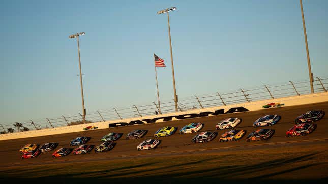 A general view of racing during the NASCAR Cup Series Daytona 500 at Daytona International Speedway on February 19, 2024 in Daytona Beach, Florida. 