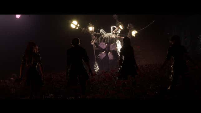 The Lampmaster stands in the darkness against the party.
