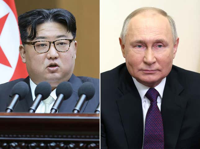 FILE - This combination of photos shows North Korean leader Kim Jong Un, left, speaks at the Supreme People&#39;s Assembly in Pyongyang, North Korea, on Jan. 15, 2024 and Russian President Vladimir Putin delivers a video address to mark the 31st anniversary of the founding of the National Energy Giant Gazprom at the Novo-Ogaryovo state residence, outside Moscow, Russia, on Feb. 17, 2024. Putin has gifted Kim a Russian-made car for his personal use in a demonstration of their special relations, North Korea’s state media reported Tuesday, Feb. 20, 2024. (AP Photo, File)