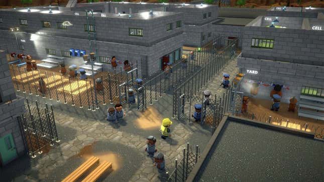 Prisoners mill about an ugly 3D environment. 