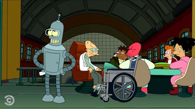 Bender stands smugly while the battered Planet Express crew sit at their conference table.