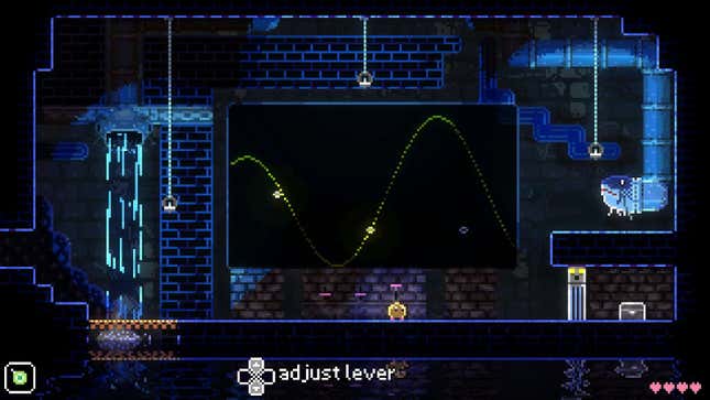 The Animal Well player character is in a room with a wavy line on the wall above them and a contextual interaction that reads "adjust lever" on the bottom of the screen.