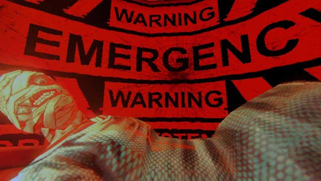 A man in a hospital gown with bandages around his face lays down in front of a screen that reads "Warning. Emergency. Warning."