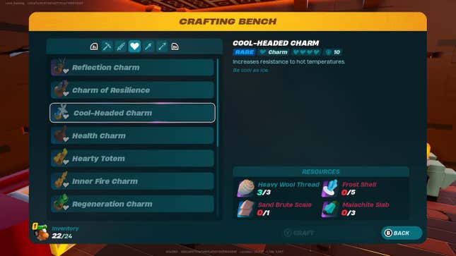 The crafting bench screen for the cool-headed charm.