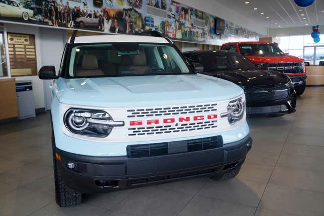 FILE -A Ford Bronco is displayed at a Gus Machado Ford dealership on Jan. 23, 2023, in Hialeah, Fla. Ford is recalling more than 456,000 Bronco Sport and Maverick vehicles, Wednesday, April 17, 2024, due to a battery detection issue that can result in loss of drive power. (AP Photo/Marta Lavandier, File)