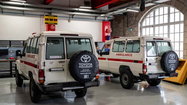 A photo of two ambulances build on Toyota trucks. 