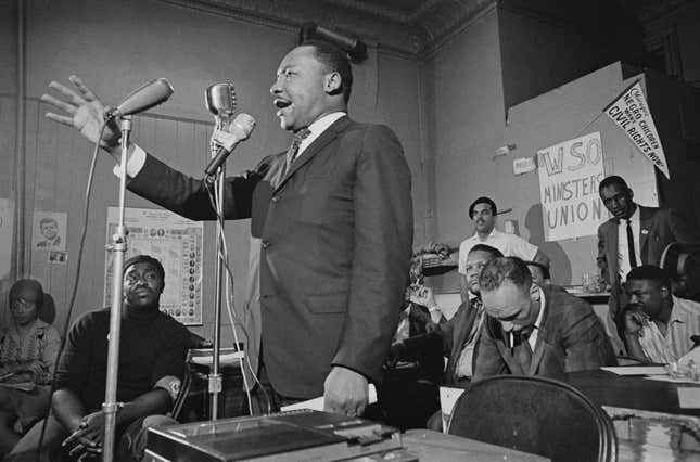 American civil rights activist Martin Luther King Jr. (1929 - 1968) addresses a meeting in Chicago, Illinois, on 27th May 1966.