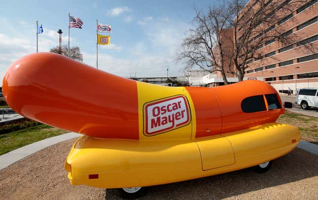 FILE - The Oscar Mayer Wienermobile sits outside the the Oscar Meyer headquarters, Oct. 27, 2014, in Madison, Wis. On Wednesday, Sept. 20, 2023, four months after announcing that the hot dog-shaped Wienermobile was changing its name to the Frankmobile, Oscar Meyer said that the one-of-a-kind wiener on wheels is reverting to the original. (M.P. King/Wisconsin State Journal via AP, File)