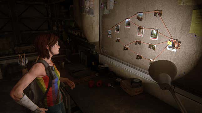 Ellie looks at a No Return route on a corkboard.