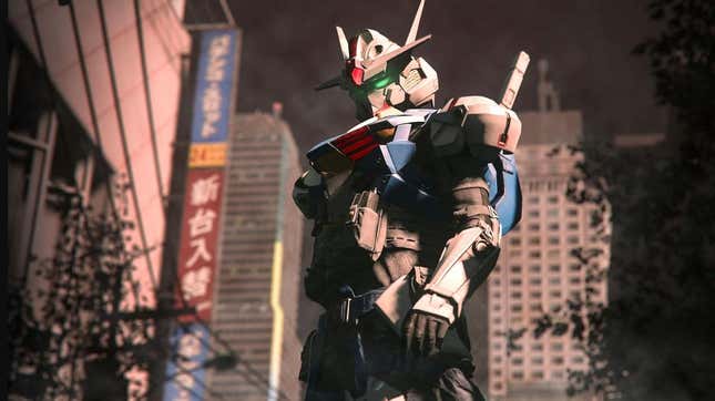 A gundam stands in the middle of a street