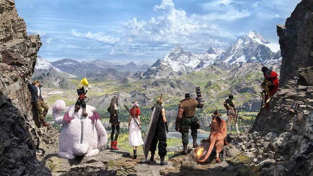 The party of Final Fantasy VII Rebirth with their backs towards the camera looking out over the Grasslands