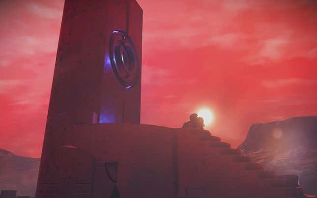 Un coucher de soleil sur une planète rouge dans No Man’s Sky. 