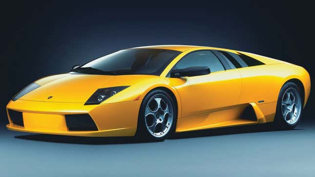 Front 3/4 view of a yellow Lamborghini Murcielago