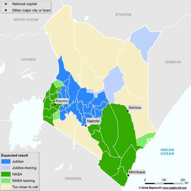 Swing counties in Kenya’s 2017 presidential election.