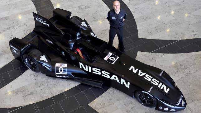 A photo of the black Nissan DeltaWing concept on display. 