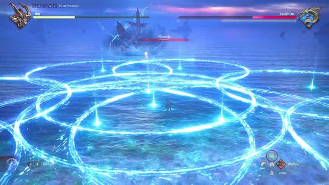 Numerous arcs of glowing blue energy are seen as the attack name Riptide is displayed.
