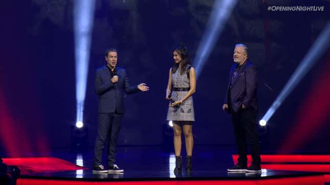 Geoff Keighley, Gemma Chan, and Rod Fergusson on stage at Gamescom Opening Night Live. 