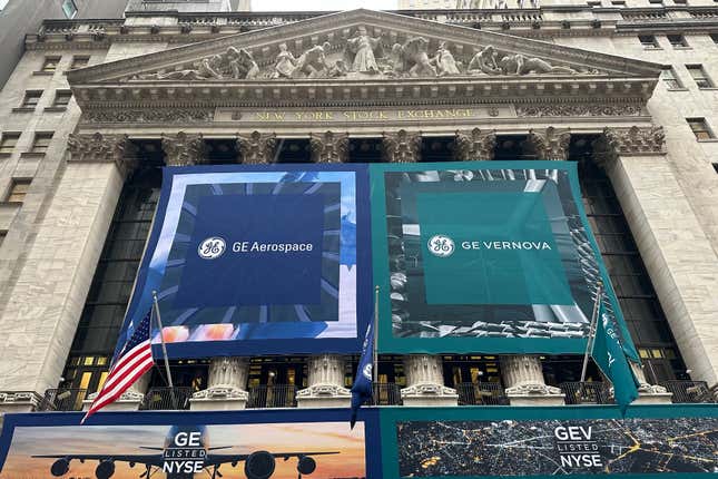 General Electric banners hangs on the facade of New York Stock Exchange Tuesday, April 2, 2024 in New York. General Electric has completed its split of the one-time conglomerate into three separate companies, as its aerospace and energy businesses prepare to start trading on the New York Stock Exchange as separate entities. (AP Photo/Peter Morgan)