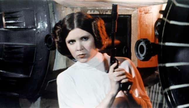 American actress Carrie Fisher on the set of Star Wars: Episode IV - A New Hope written, directed and produced by Georges Lucas. (Photo by Sunset Boulevard/Corbis via Getty Images)