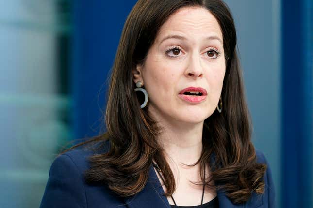 FILE - Anne Neuberger, Deputy National Security Advisor for Cyber and Emerging Technology, speaks during a news briefing at the White House, Monday, March 21, 2022, in Washington. Neuberger said recent attacks on American water authorities by Iranian-aligned hackers, as well as a separate spate of ransomware incidents hitting the U.S. health care system, are a call to action. Neuberger in an AP interview Friday, Dec. 8, 2023, said local and state governments as well as companies will need to tighten cybersecurity efforts as they face “persistent and capable cyber attacks from hostile countries and criminals.&quot; (AP Photo/Patrick Semansky, File)