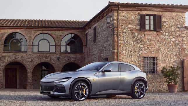 A photo of a silver Ferrari Purosangue  SUV. 