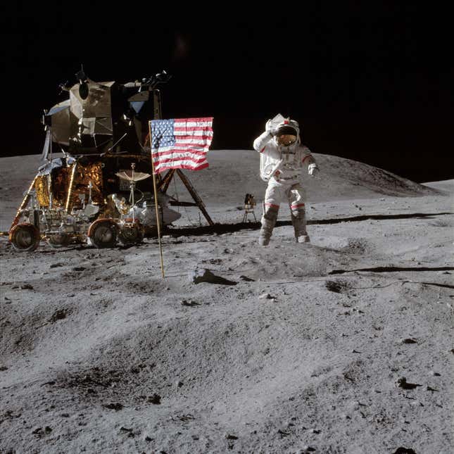 Astronaut John Young leaps from the lunar surface.