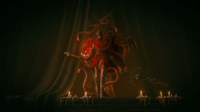 A screenshot of the central villain of Shadow of the Erdtree, Messmer the Impaler.