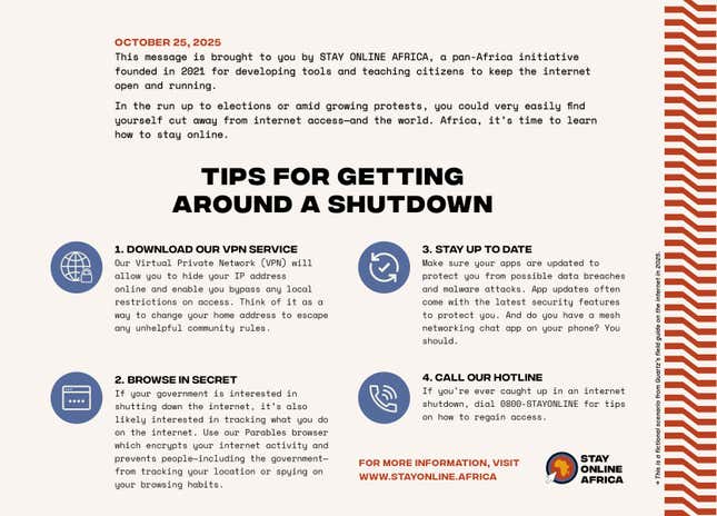 Our fictional example imagines what resistance to frequent internet shutdowns in Africa in the next five years could look like, in the form of a tip sheet to staying online.