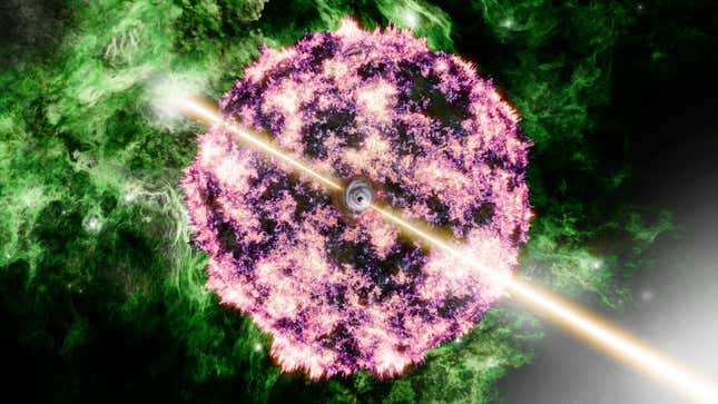 An artist's visualization of the BOAT, consisting of jets from a central black hole and the surrounding remains of a star going supernova.