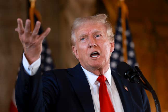 Former President and Republican presidential candidate Donald Trump speaking at his Mar-A-Lago estate on August 08, 2024, in Palm Beach, Florida.  