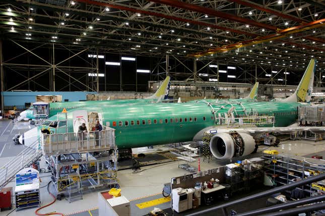 Boeing’s 737 Max-9 is pictured under construction at a production facility in Renton, Washington.