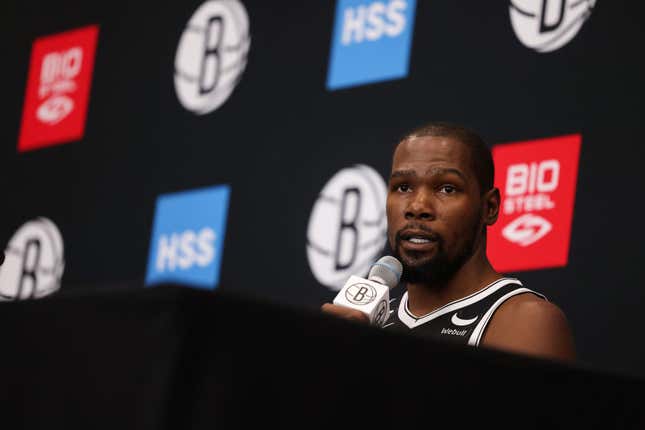 Kevin Durant #7 of the Brooklyn Nets speaks during a press conference at Brooklyn Nets Media Day at HSS Training Center on September 26, 2,022 in the Brooklyn borough of New York City.