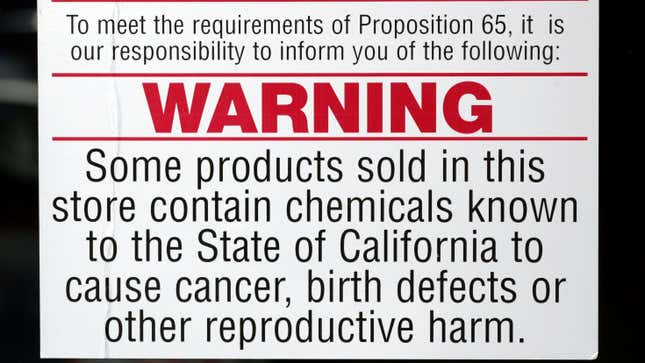 A photo of a California Prop 65 warning sign warning about potential exposure to carcinogenic chemicals