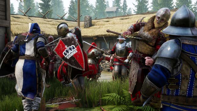 A combat scene involving knights and Vikings in Mordhau.